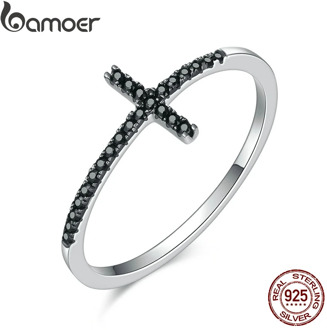 BAMOER Popular 925 Sterling Silver Faith Cross Shape Finger Rings for Women ,Black Clear CZ Sterling Silver Jewelry Gift SCR067