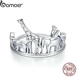 bamoer Protection Animal Finger Rings for Women 925 Sterling Silver Elephant and Bear Band Jewelry Unisex Gift SCR656