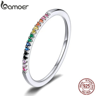 bamoer Rainbow Color CZ Finger Rings for Women Stackable Wedding Statement Authentic Sterling Silver 925 Jewelry SCR583