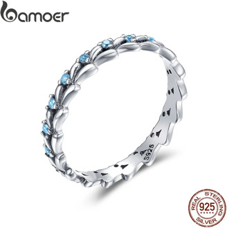 BAMOER Real 100% 925 Sterling Silver Stackable Ring Wheat Wave & Clear CZ Finger Rings for Women Sterling Silver Jewelry SCR162