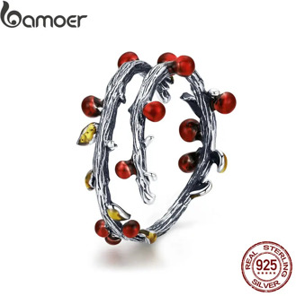 BAMOER Real 925 Sterling Silver Autumn Withered Tree Leaves Adjustable Finger Rings for Women Wedding Ring Jewelry Anel SCR442