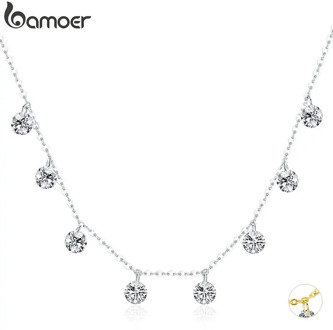 BAMOER Real 925 Sterling Silver Dazzling Cubic Zircon Round Circle CZ Pendant Necklaces for Women Sterling Silver Jewelry SCN299