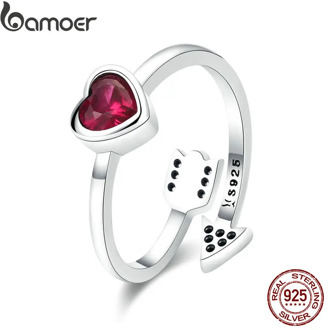 BAMOER Real 925 Sterling Silver Red Heart And Love Arrow Clear CZ Finger Rings for Women Wedding Engagement Jewelry anel SCR436