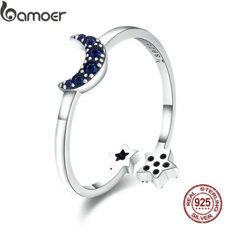 BAMOER Real 925 Sterling Silver Sparkling Blue Moon Star Clear CZ Finger Rings for Women Wedding Engagement Jewelry anel SCR437