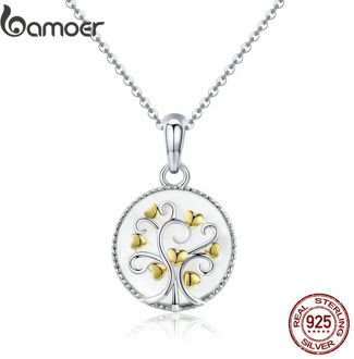 BAMOER Real 925 Sterling Silver Tree of Life Pendant Necklaces Women Gold Heart Tree Necklace Sterling Silver Jewelry SCN296