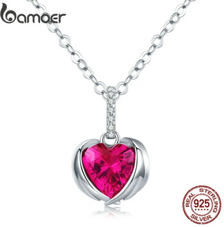 bamoer Red Heart Guardian Wing Pendant Necklaces for Women AAA Cubic Zirconia Chain Link 925 Sterling Silver Jewelry SCN341