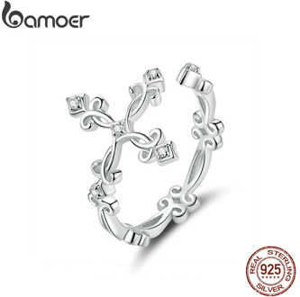 bamoer Retro Pattern Cross Adjustable Finger Ring for Women 925 Sterling Silver Vintage Flower Rings Silver Bijoux BSR041