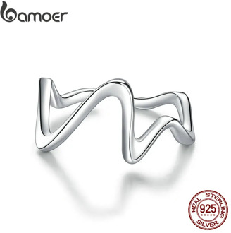 bamoer Ring 925 Sterling Silver Engraved Simple Waves Open Adjustable Finger Rings for Women 2020 silver ring Jewelry SCR673