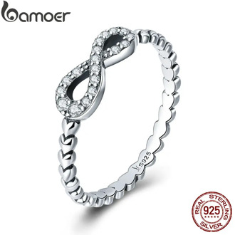 BAMOER Romantic 925 Sterling Silver Infinity Love Forever Heart Clear CZ Finger Ring for Women Sterling Silver Jewelry SCR414