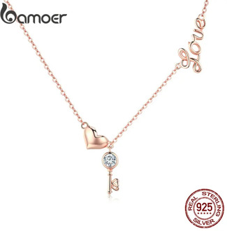 BAMOER Romantic 925 Sterling Silver Key Lock to Heart Pendant Necklaces Women Gold Color Necklace Sterling Silver Jewelry SCN292