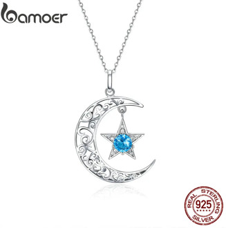 BAMOER Romantic 925 Sterling Silver Sparkling Moon And Star Necklaces Pendants for Women Fashion Necklace Jewelry Gift SCN278