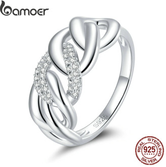 bamoer S925 Sterling Silver Clear platinum CZ Chain Ring Finger Rings for Women Engagement Wedding Statement Jewelry SCR685