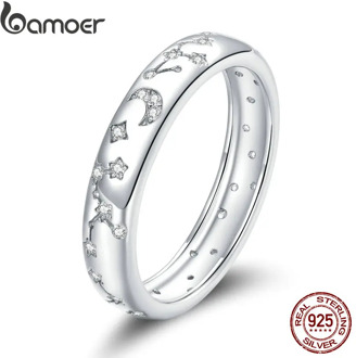 bamoer S925 Sterling Silver Clear platinum CZ Shining Stars Finger Rings for Women Engagement Wedding Statement Jewelry BSR148