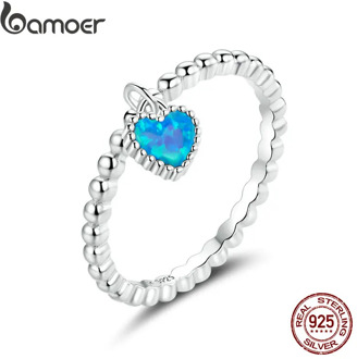 bamoer S925 Sterling Silver CZ Deep Blue Heart Finger Ring for Women Plated platinum Engagement Wedding Statement Jewelry SCR672
