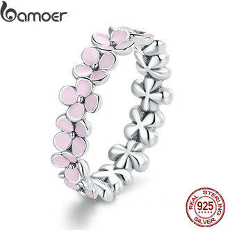 bamoer S925 Sterling Silver Pink Wreath CZ Finger Rings for Women Engagement Wedding Finger Ring Statement Jewelry SCR681