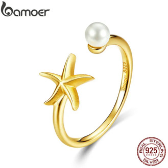 bamoer Shell Pearl with Starfish Finger Rings for Women Adjustable Band 925 Sterling Silver Summer Jewelry HOT SALE BSR064