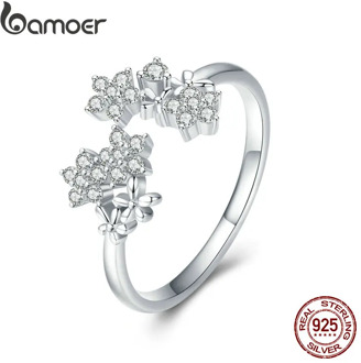BAMOER Shining Authentic 925 Sterling Silver Daisy Clear CZ Adjustable Finger Rings for Women Wedding Engagement Jewelry BSR021