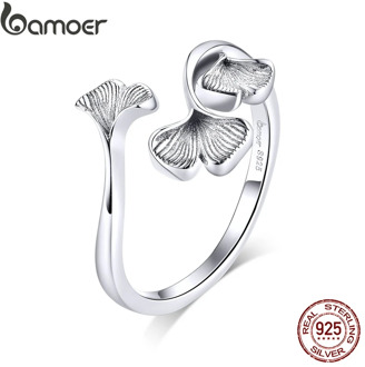 bamoer Silver 925 Design Ginkgo Leaf Finger Rings for Women Vintage Bijoux 925 Sterling Silver Trendy Wedding Jewelry BSR097