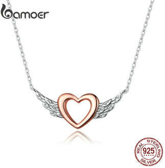 bamoer Silver 925 Heart with Wings Minimalist Simple Chain Necklace for Women Rose Gold Color Jewelry Bijoux 2020 Collar BSN162