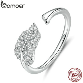 bamoer Silver 925 Jewelry Clear CZ Leaf Finger Rings for Women Open Adjustable Wedding Statement Jewelry Free Size Gifts SCR614