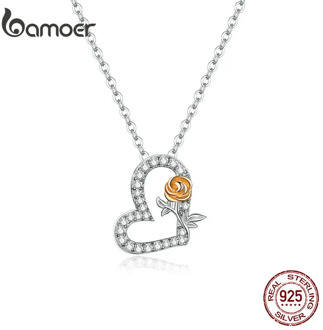 bamoer Silver 925 Jewelry Heart and Rose Pendant Chain Neckalce for Women Fine Wedding Engagement Jewelry BSN132