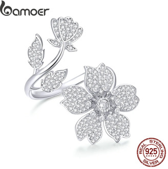 bamoer Spring Sakura Flower Open Free Size Finger Rings for Women 925 Sterling Silver Cocktail Luxury Brand Jewelry BSR076