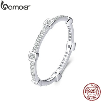 bamoer Square Geometric Stackable Finger Rings for Women Clear CZ 925 Sterling Silver Engagement Statement Jewelry SCR551