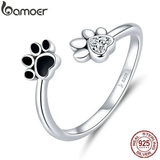 bamoer Sterling Silver 925 Black Enamel Dog Paw Open Adjustable Finger Rings for Women Anti-allergy Jewelry Accessories SCR605