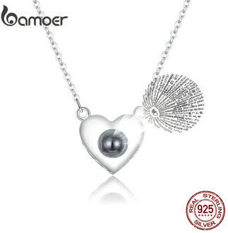 bamoer Sterling Silver 925 Chain Necklaces for Women 100 Language I Love You Heart Necklace Birthday Female Gifts BSN143