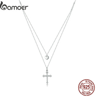 bamoer Sterling Silver 925 Cross with Heart Plated platinum CZ Pendant Necklace for Women Chain Necklaces Jewelry BSN197