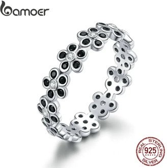 bamoer Sterling Silver 925 Geometric Charm Flower Finger Rings for Women Korean Style Fine Jewelry Accessories Anillo BSR128