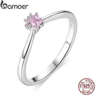 bamoer Sterling Silver 925 Jewelry Pink CZ Cat Paw Finger Rings for Women Girl Cute Accessories Fashion Jewelry Bijoux SCR628
