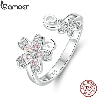 bamoer Sterling Silver 925 Pink Sakura Cherry Flower Open Adjustable Finger Rings for Women Romantic Wedding Jewelry BSR086