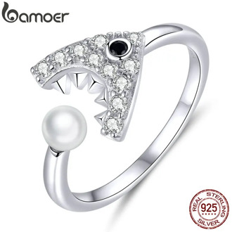 bamoer Sterling Silver 925 Shark with Pearl Open Ajustable Finger Rings Female Jewelry Accessories Bijoux 2019 New SCR615