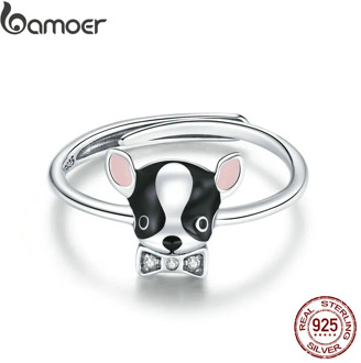 bamoer Sterling Silver 925 Signet Ring Cute Puppy Finger Ring Open for Women Free Size Korean Style silver Jewelry SCR695