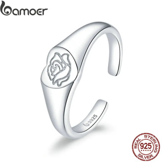 bamoer Sterling Silver 925 Signet Ring Engrave Rose Flower Open Finger Rings for Women Free Size Korean Style Jewelry BSR151