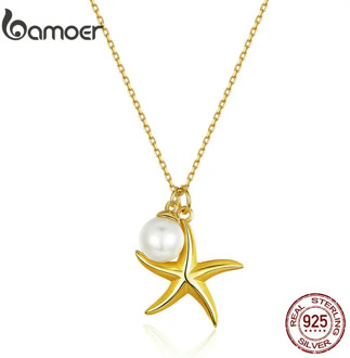 bamoer Summer Holiday Starfish with Pearl Pendant Necklace for Women Genuine 925 Sterling Silver Fine Jewelry BSN106