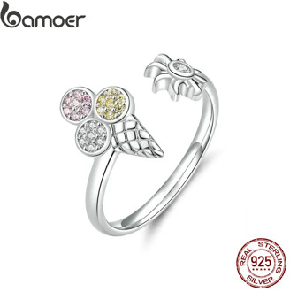 bamoer Summer Ice Cream Adjustable Finger Rings for Women Sterling Silver 925 Crystal Ring Korean Fashion Jewelry SCR529