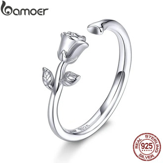 bamoer Thorns and Rose Open Adjustable Finger Rings for Women 3D Flower Ring Band 925 Sterling Silver Jewelry Korean BSR065