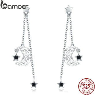 Bamoer Trendy 925 Sterling Zilveren Ster En Maan Long Chain Oorbellen Voor Vrouwen Zwarte Cz Sterling Zilveren Sieraden SCE528