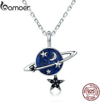 BAMOER Trendy Genuine 925 Sterling Silver Secret Planet Sparkling Star Pendant Necklace for Women Sterling Silver Jewelry SCN230