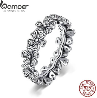 BAMOER Trendy New 100% 925 Sterling Silver Stackable Daisy Flower Finger Rings for Women Sterling Silver Wedding Jewelry SCR397