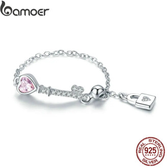 BAMOER Trendy New 925 Sterling Silver Love Heart Lock Key Chain Rings for Women Wedding Engagement Jewelry Anel SCR425