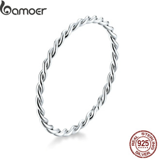bamoer Twisted Minimalist Finger Rings for Women 925 Sterling Silver Hypoallergenic Jewelry Gift Female Slim Ring SCR640