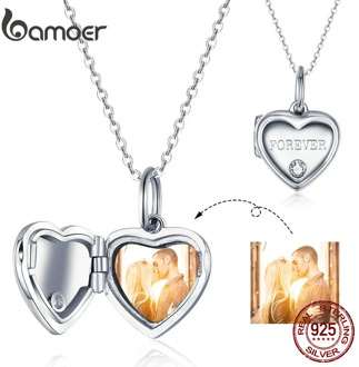 bamoer Unique Custom Photo Heart Box Pendant Necklace for Women Wedding Anniversary Gifts Customized Memory Jewelry BSC102
