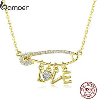 BAMOER Vintage 100% 925 Sterling Silver Back Needle & Love Letter Clear Zirconia Necklaces Pendant Women Silver Jewelry SCN324