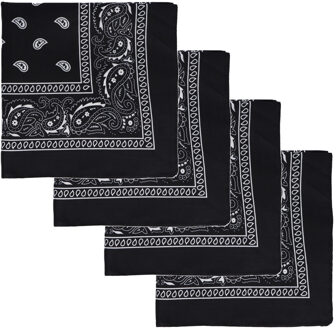 Bandana - 4x - zwart - boeren zakdoek - dames/heren - vierkant - cowboy verkleedkleding