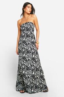 Bandeau Leaf Print Linen Maxi Dress, Black - 8