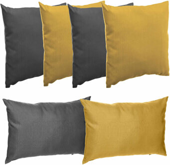 Bank/sier/tuin kussens voor binnen/buiten set 3x geel/3x antraciet in 2 formaten