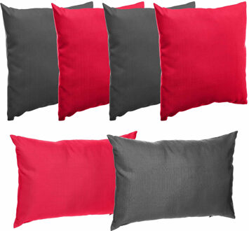 Bank/sier/tuin kussens voor binnen/buiten set 3x rood/3x antraciet in 2 formaten